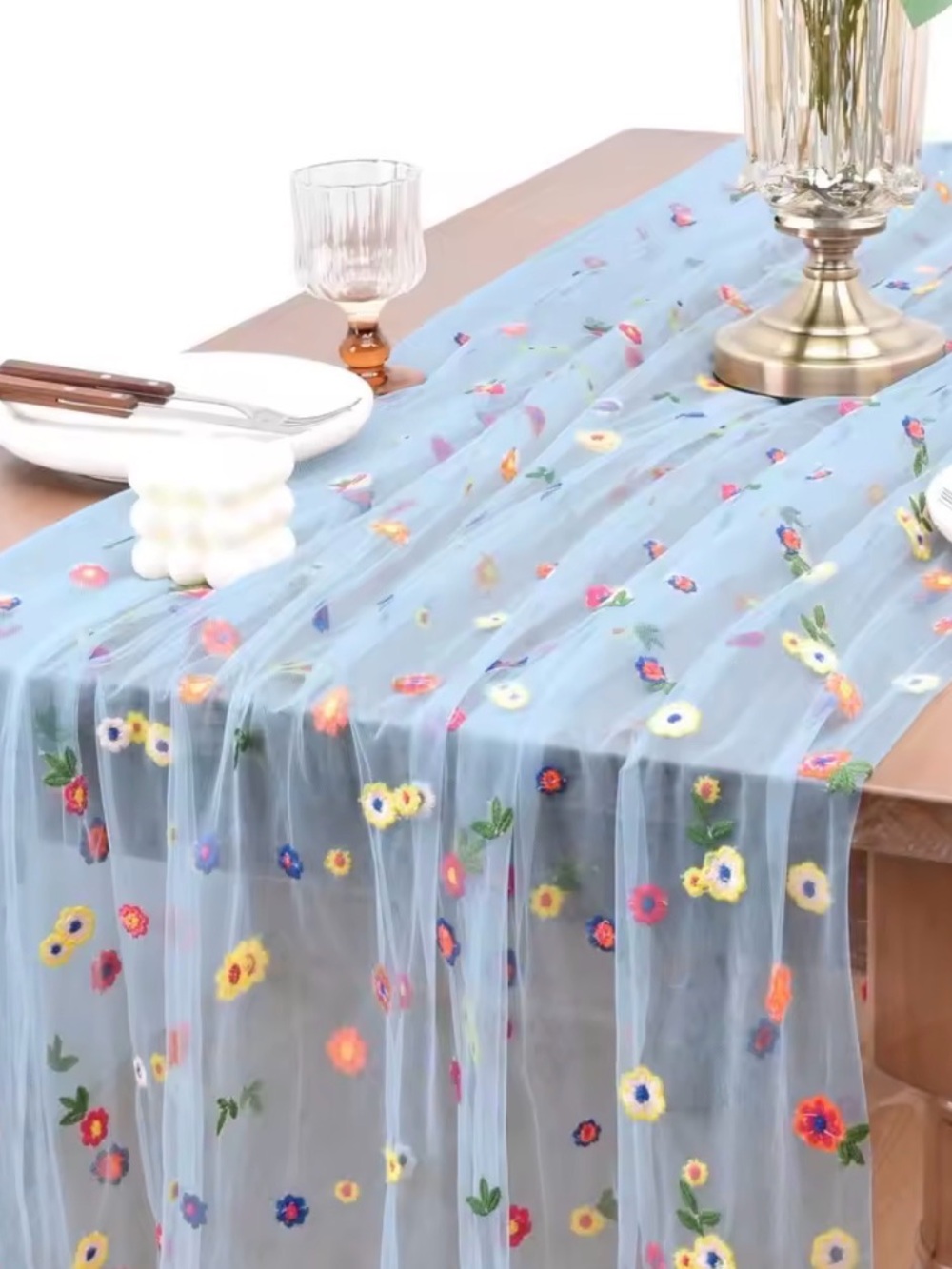 Floral Embroidered Sheer Table Runner - Light Blue